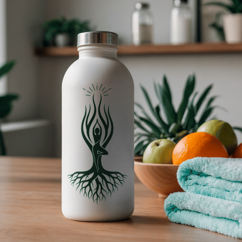 Radiant Roots Yoga branded water bottle mockup