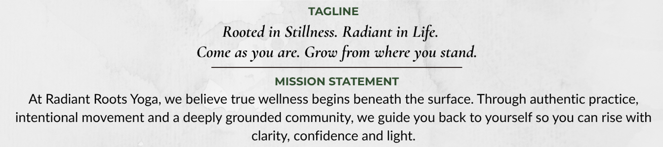 Radiant Roots Yoga tagline and mission statement